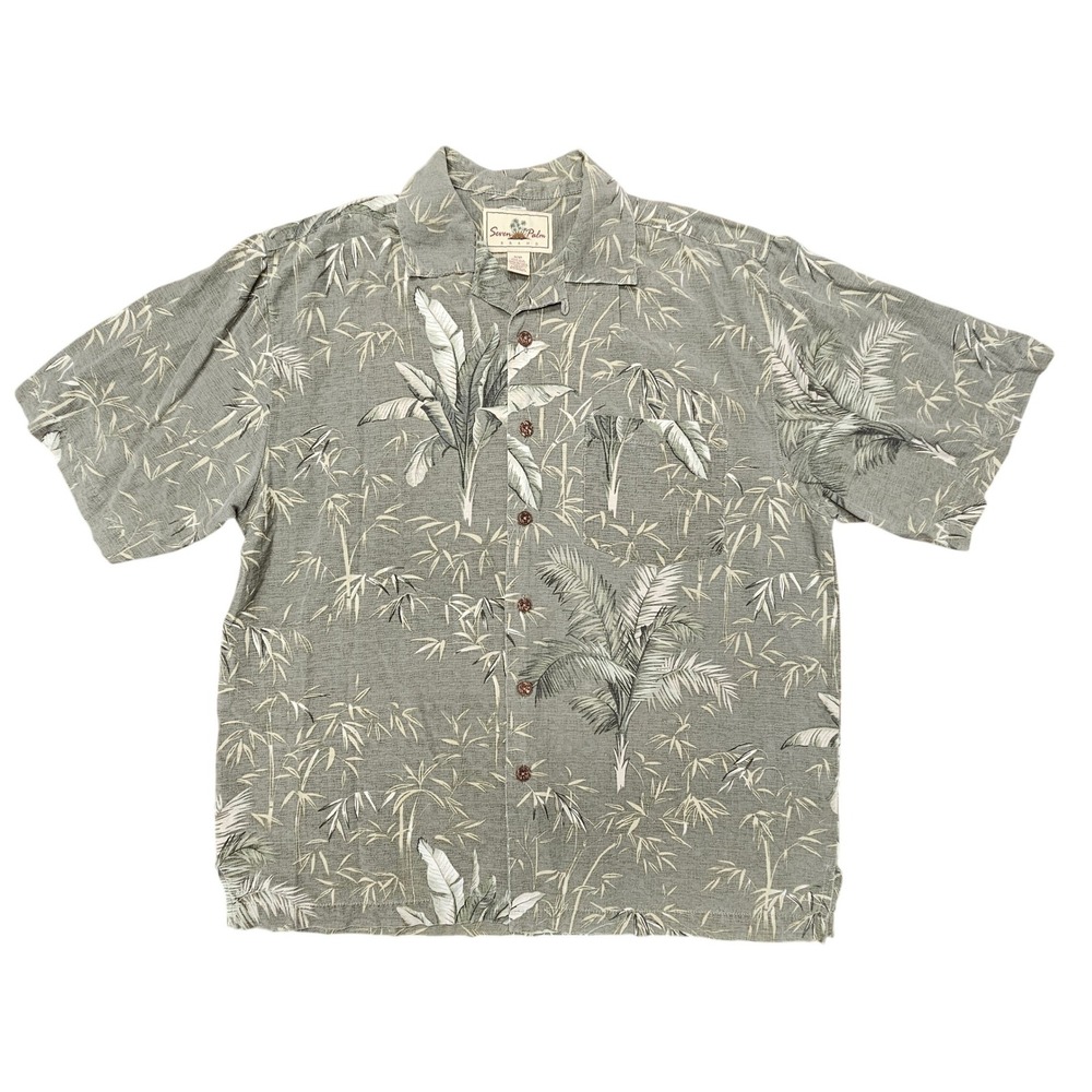 Seven Palm Mens S 100% Silk Hawaiian Aloha Camp Shirt Green Tropical Button Up